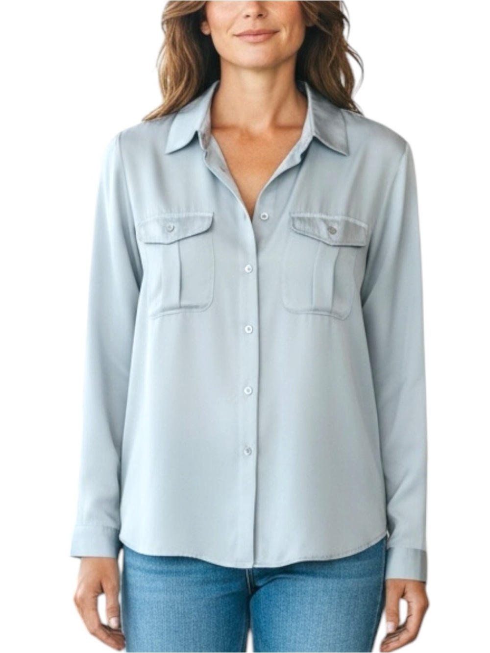 Chico’s 2 Sz LARGE Silver Gray Satin Look Button Down Utility Shirt Blouse